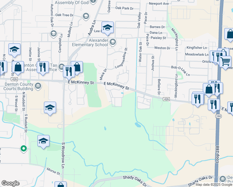 map of restaurants, bars, coffee shops, grocery stores, and more near 2420 East McKinney Street in Denton