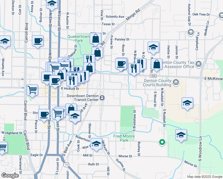 map of restaurants, bars, coffee shops, grocery stores, and more near 616 East Hickory Street in Denton