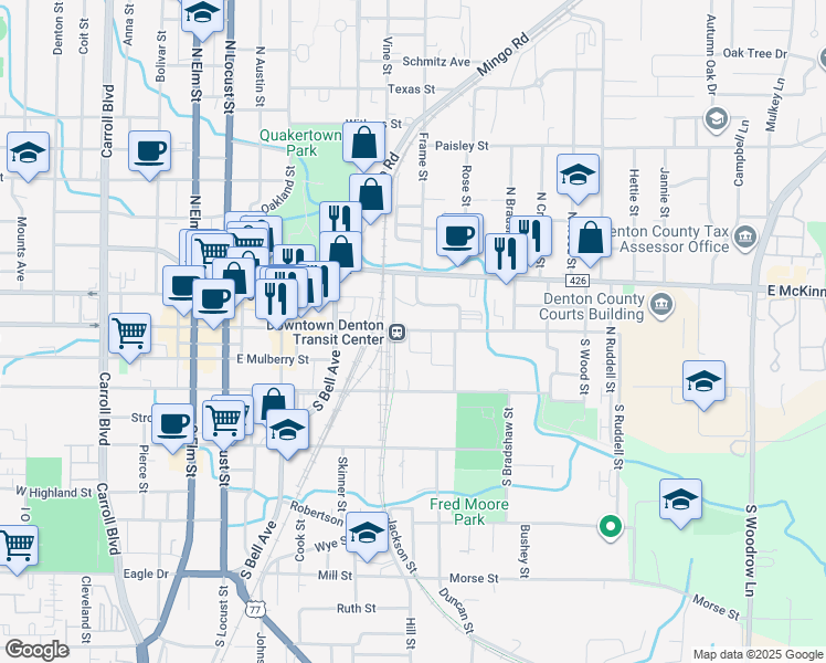 map of restaurants, bars, coffee shops, grocery stores, and more near 601 East Hickory Street in Denton