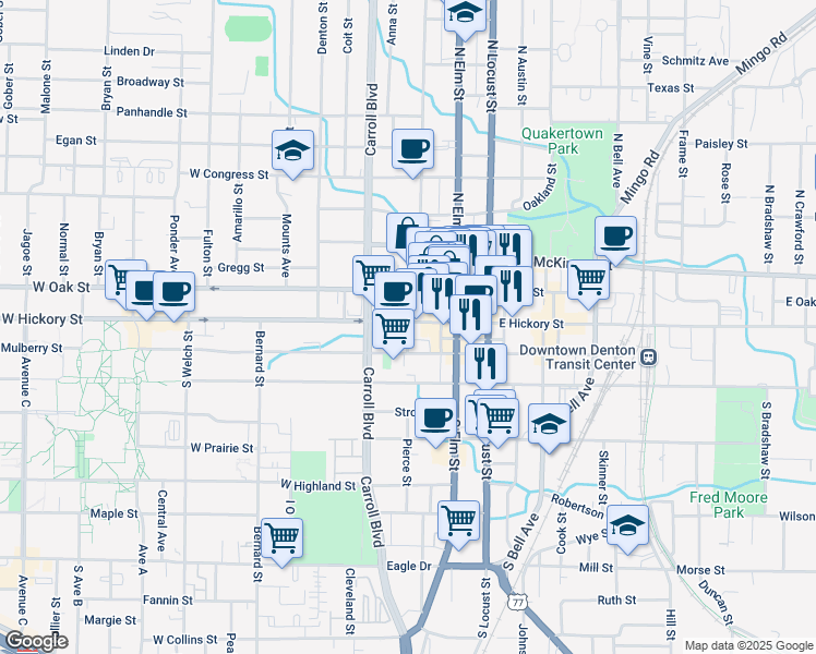 map of restaurants, bars, coffee shops, grocery stores, and more near 309 West Hickory Street in Denton
