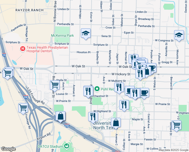 map of restaurants, bars, coffee shops, grocery stores, and more near 2001 West Hickory Street in Denton