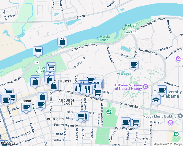 map of restaurants, bars, coffee shops, grocery stores, and more near 1214 Riverside Drive in Tuscaloosa