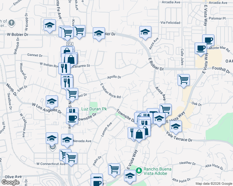 map of restaurants, bars, coffee shops, grocery stores, and more near 1217 Rhea Place in Vista
