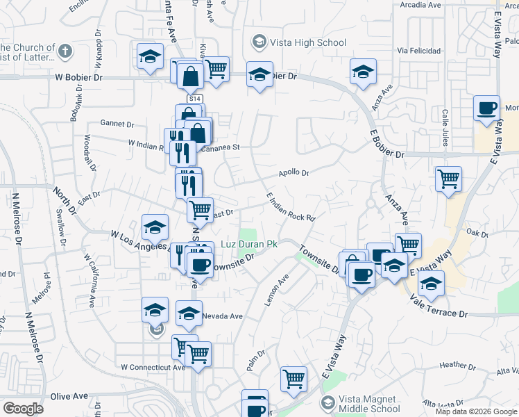 map of restaurants, bars, coffee shops, grocery stores, and more near 1149 Cochise Court in Vista
