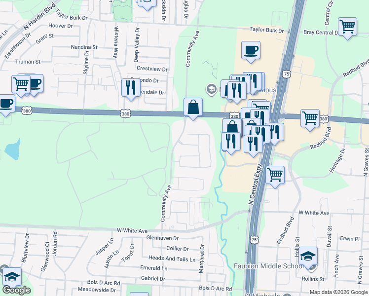 map of restaurants, bars, coffee shops, grocery stores, and more near 2405 Shenfield Drive in McKinney