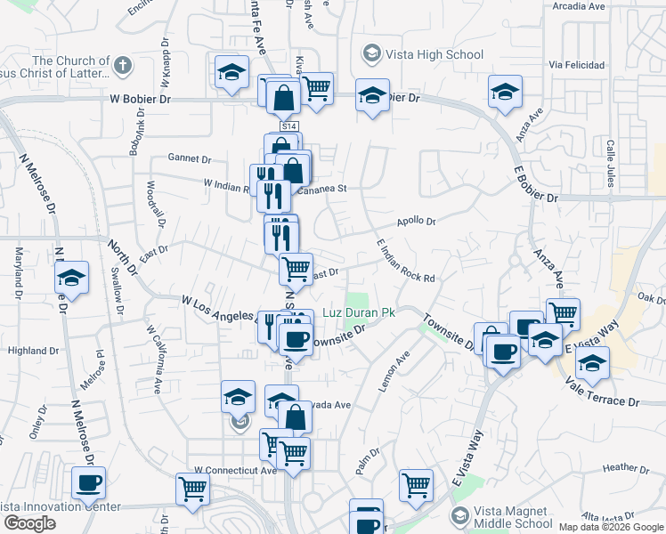 map of restaurants, bars, coffee shops, grocery stores, and more near 179 East East Drive in Vista