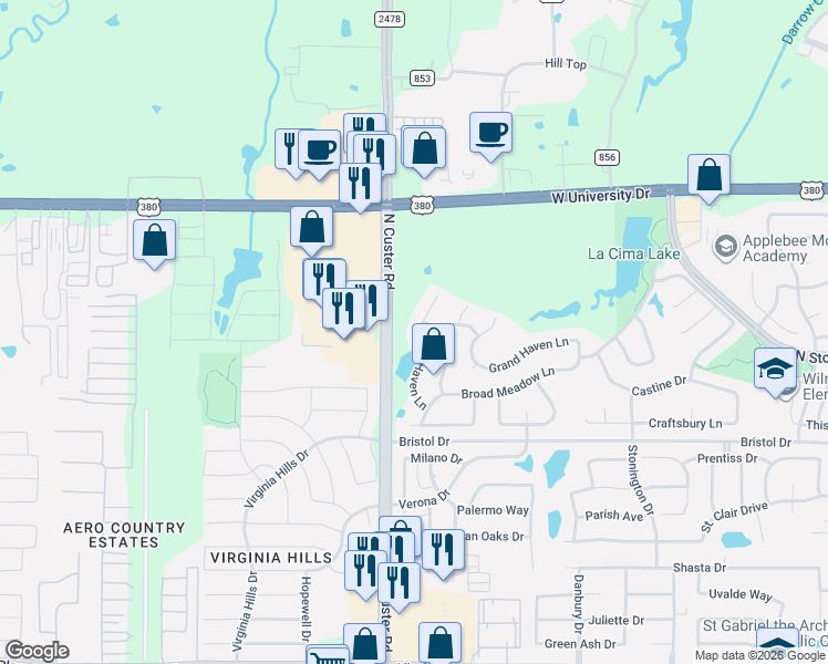 map of restaurants, bars, coffee shops, grocery stores, and more near 1401 Winter Haven Ln in McKinney
