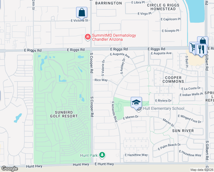 map of restaurants, bars, coffee shops, grocery stores, and more near 2121 East Runaway Bay Place in Chandler