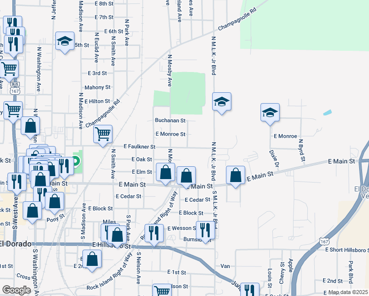 map of restaurants, bars, coffee shops, grocery stores, and more near East Faulkner Street in El Dorado