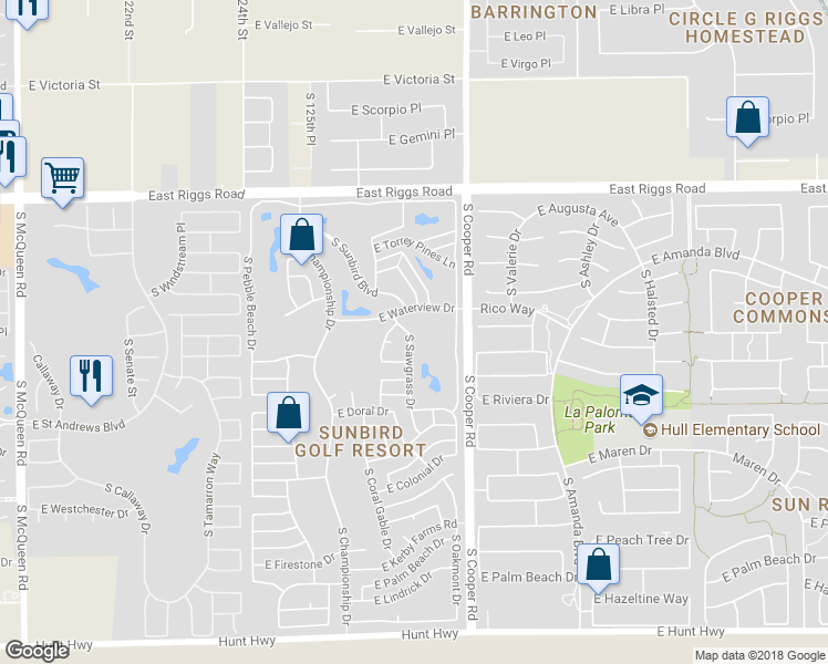 map of restaurants, bars, coffee shops, grocery stores, and more near 6321 South Sawgrass Drive in Chandler