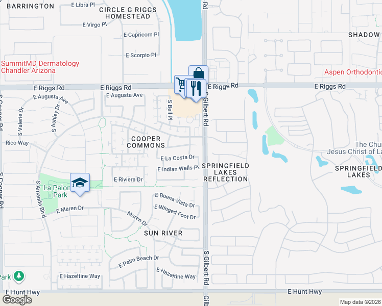 map of restaurants, bars, coffee shops, grocery stores, and more near 2950 East La Costa Drive in Chandler