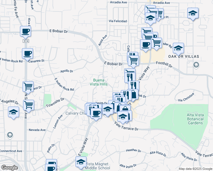 map of restaurants, bars, coffee shops, grocery stores, and more near 1120 Anza Avenue in Vista