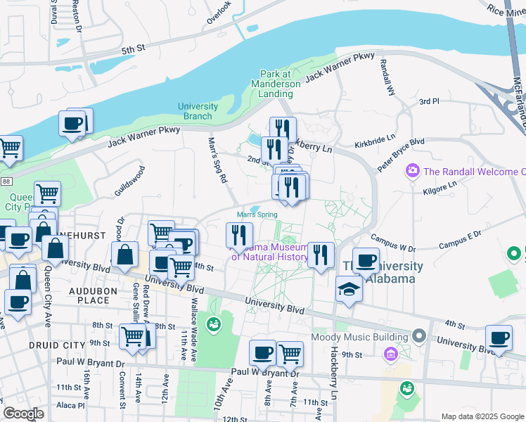 map of restaurants, bars, coffee shops, grocery stores, and more near in Tuscaloosa