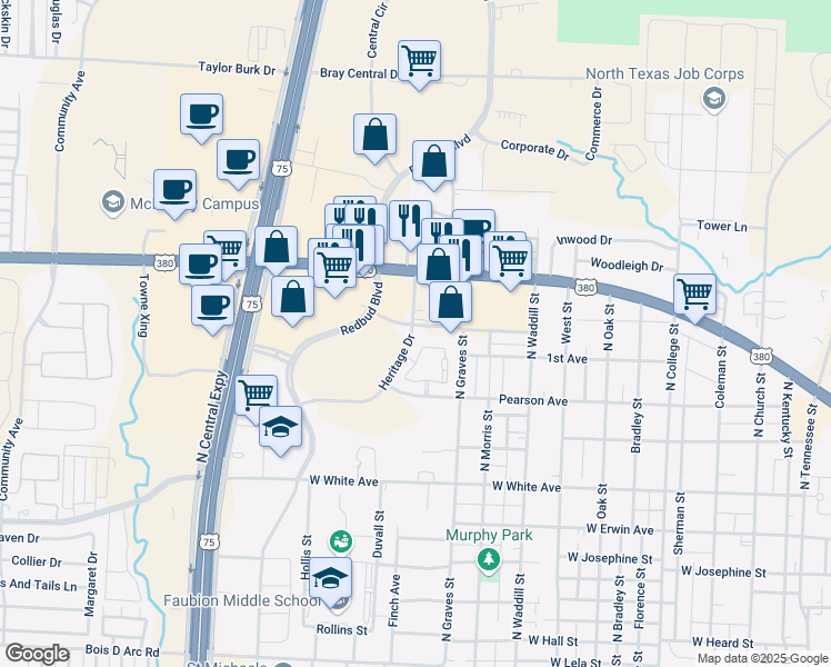 map of restaurants, bars, coffee shops, grocery stores, and more near 1690 Heritage Drive in McKinney