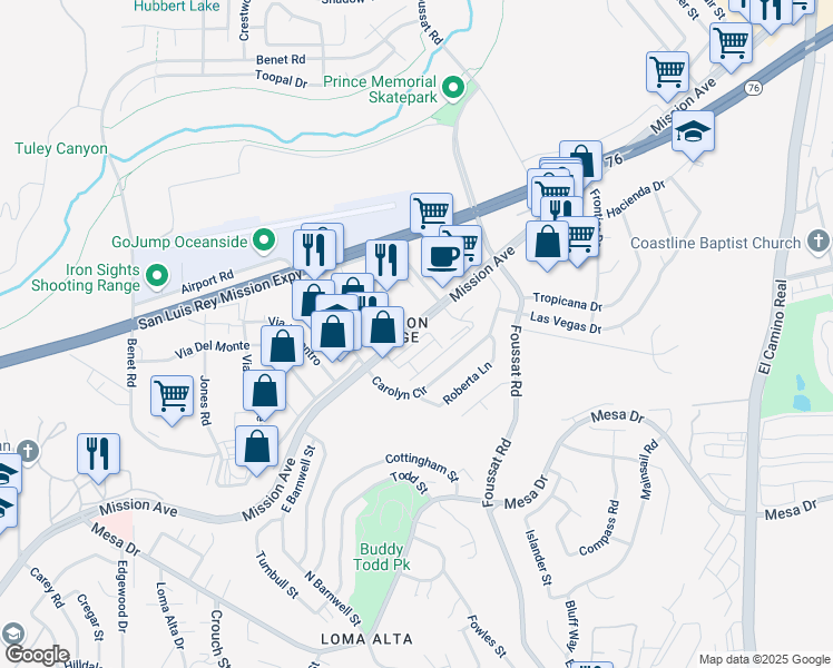 map of restaurants, bars, coffee shops, grocery stores, and more near 3225 Mission Avenue in Oceanside