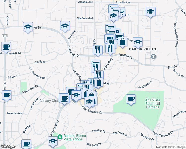 map of restaurants, bars, coffee shops, grocery stores, and more near 1210 Calle Jules in Vista