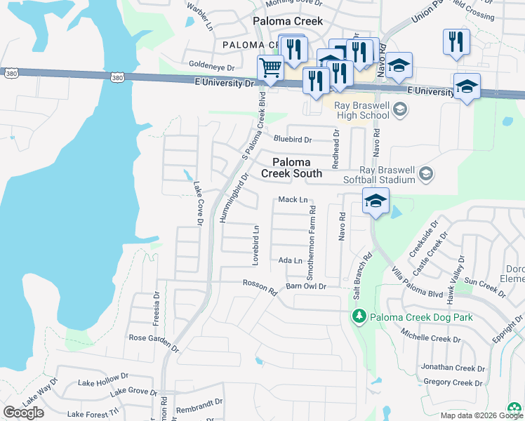 map of restaurants, bars, coffee shops, grocery stores, and more near 525 Raven Drive in Little Elm