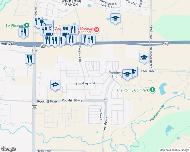 map of restaurants, bars, coffee shops, grocery stores, and more near 2160 Tumblegrass Road in Frisco