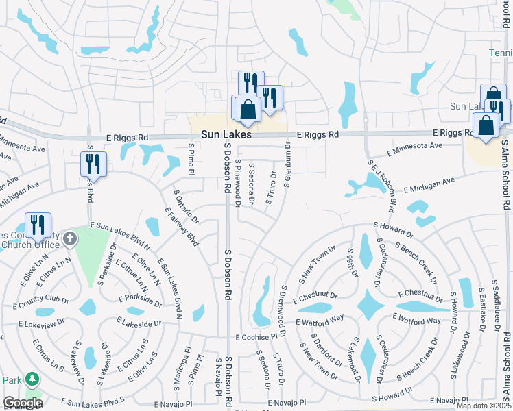 map of restaurants, bars, coffee shops, grocery stores, and more near 25450 South Sedona Drive in Sun Lakes