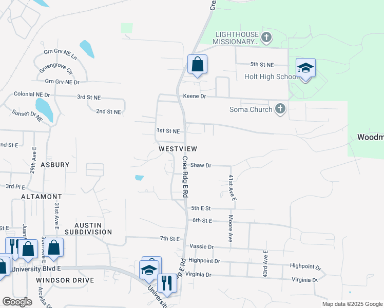 map of restaurants, bars, coffee shops, grocery stores, and more near 139 Crescent Ridge Road East in Tuscaloosa