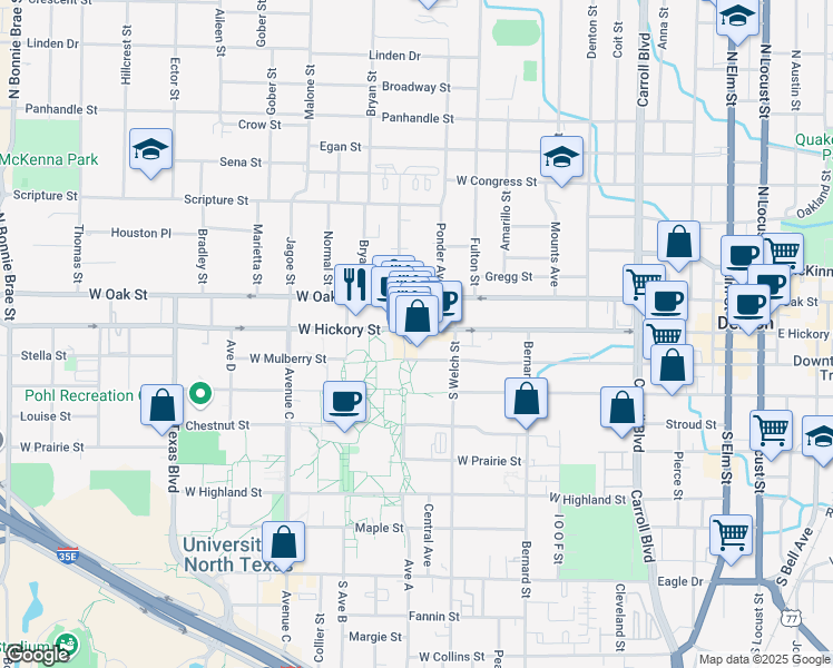 map of restaurants, bars, coffee shops, grocery stores, and more near 101 Avenue A in Denton