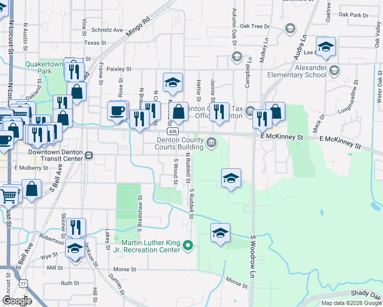 map of restaurants, bars, coffee shops, grocery stores, and more near 100 North Ruddell Street in Denton