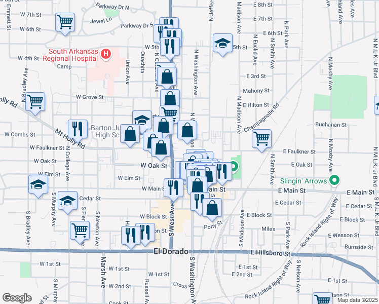 map of restaurants, bars, coffee shops, grocery stores, and more near 412 North Washington Avenue in El Dorado
