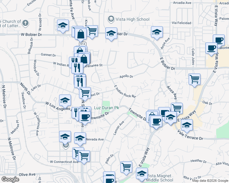 map of restaurants, bars, coffee shops, grocery stores, and more near 1149 Cochise Court in Vista