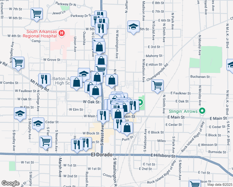 map of restaurants, bars, coffee shops, grocery stores, and more near 412 North Washington Avenue in El Dorado