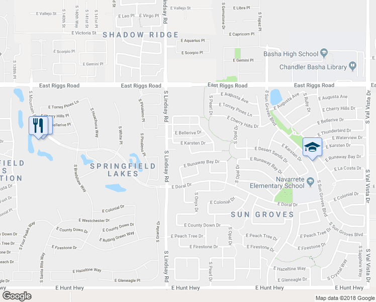 map of restaurants, bars, coffee shops, grocery stores, and more near 6312 South Onyx Drive in Chandler
