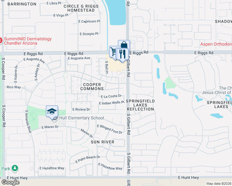 map of restaurants, bars, coffee shops, grocery stores, and more near 2950 East La Costa Drive in Chandler