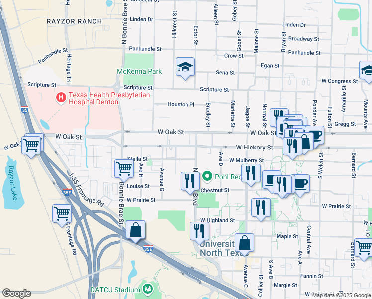 map of restaurants, bars, coffee shops, grocery stores, and more near 2119 West Hickory Street in Denton