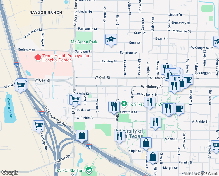 map of restaurants, bars, coffee shops, grocery stores, and more near 2119 West Hickory Street in Denton