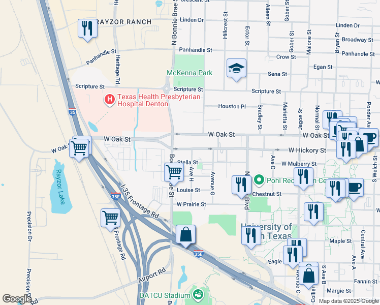 map of restaurants, bars, coffee shops, grocery stores, and more near 2411 West Hickory Street in Denton