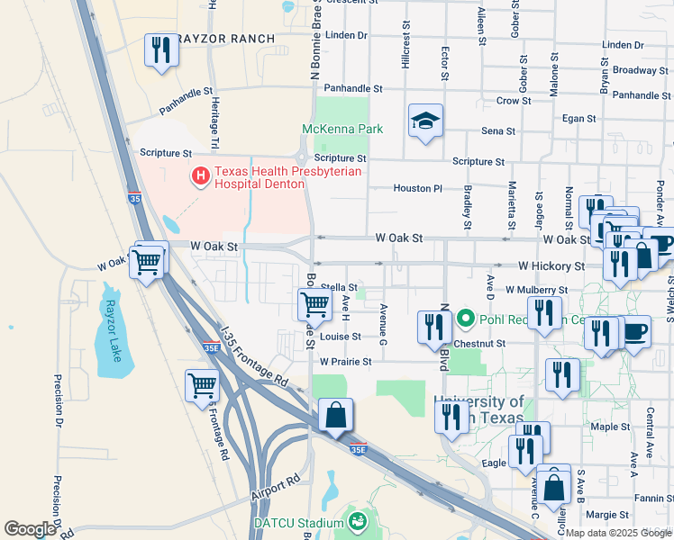 map of restaurants, bars, coffee shops, grocery stores, and more near 2411 West Hickory Street in Denton