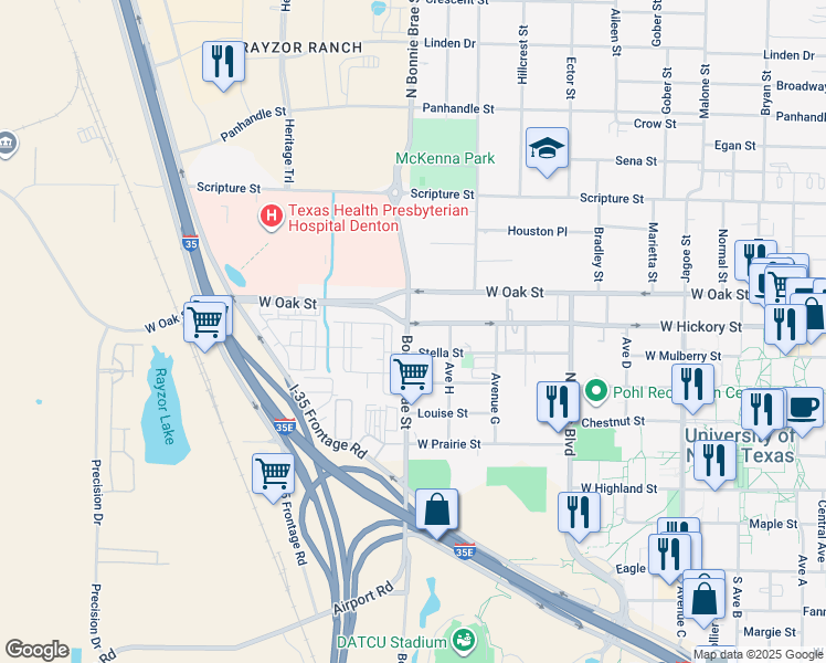 map of restaurants, bars, coffee shops, grocery stores, and more near 119 South Bonnie Brae Street in Denton