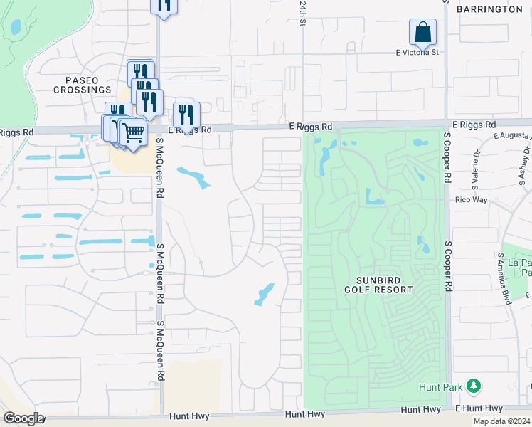 map of restaurants, bars, coffee shops, grocery stores, and more near 1364 East Runaway Bay Drive in Chandler