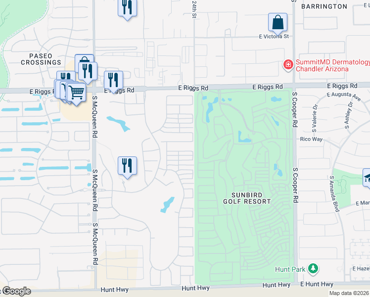 map of restaurants, bars, coffee shops, grocery stores, and more near 1454 East Runaway Bay Drive in Chandler