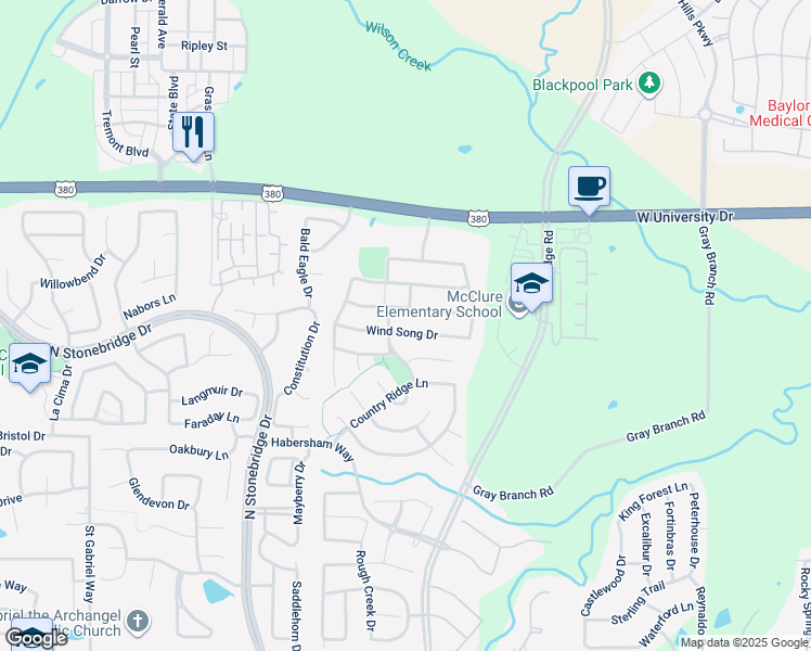 map of restaurants, bars, coffee shops, grocery stores, and more near 6500 Wind Song Drive in McKinney