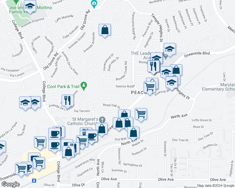 map of restaurants, bars, coffee shops, grocery stores, and more near 4563 Golden Ridge Drive in Oceanside
