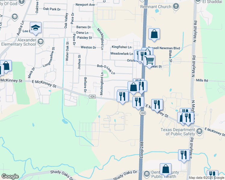 map of restaurants, bars, coffee shops, grocery stores, and more near 129 Bluebird Circle in Denton