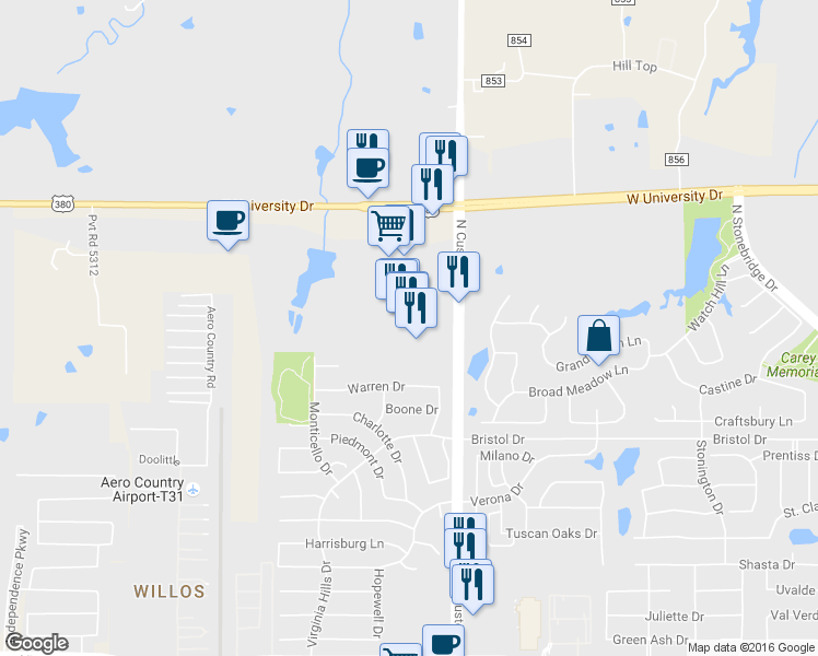 map of restaurants, bars, coffee shops, grocery stores, and more near 1521 North Custer Road in McKinney