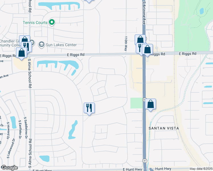 map of restaurants, bars, coffee shops, grocery stores, and more near 25606 South Burnaby Drive in Sun Lakes