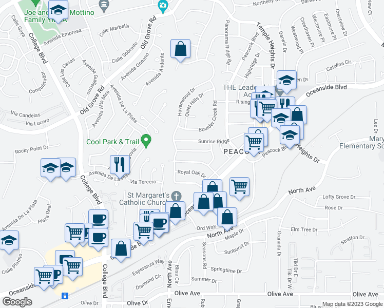 map of restaurants, bars, coffee shops, grocery stores, and more near 4545 Golden Ridge Drive in Oceanside