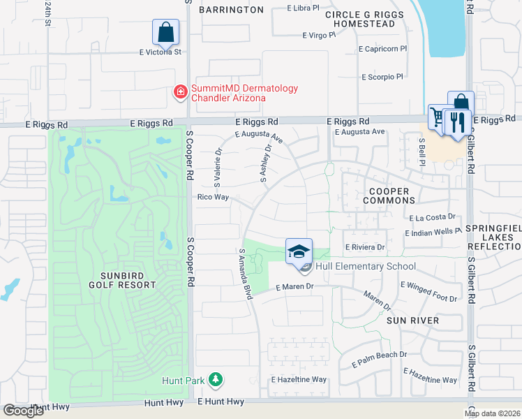 map of restaurants, bars, coffee shops, grocery stores, and more near 2204 East La Costa Place in Chandler