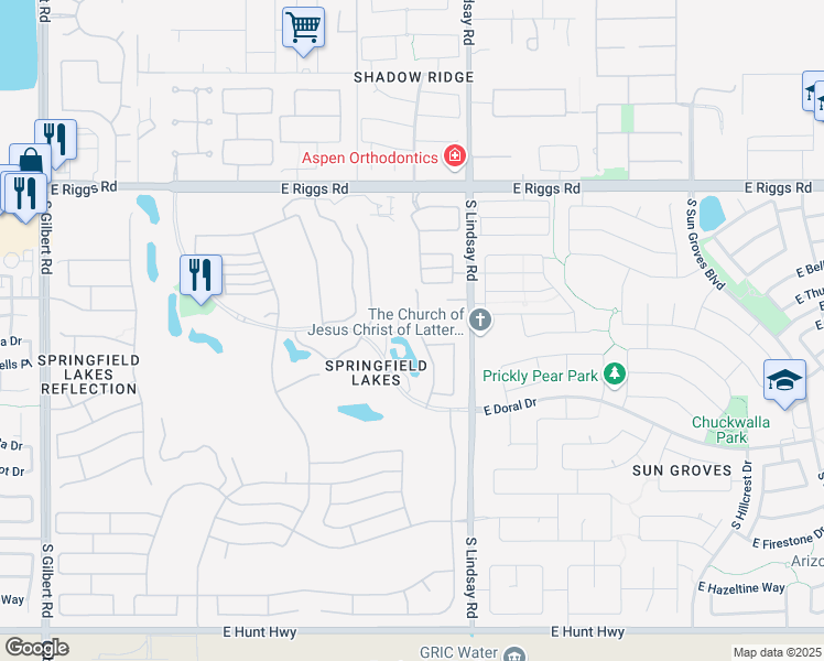 map of restaurants, bars, coffee shops, grocery stores, and more near 6338 South Pinaleno Place in Chandler