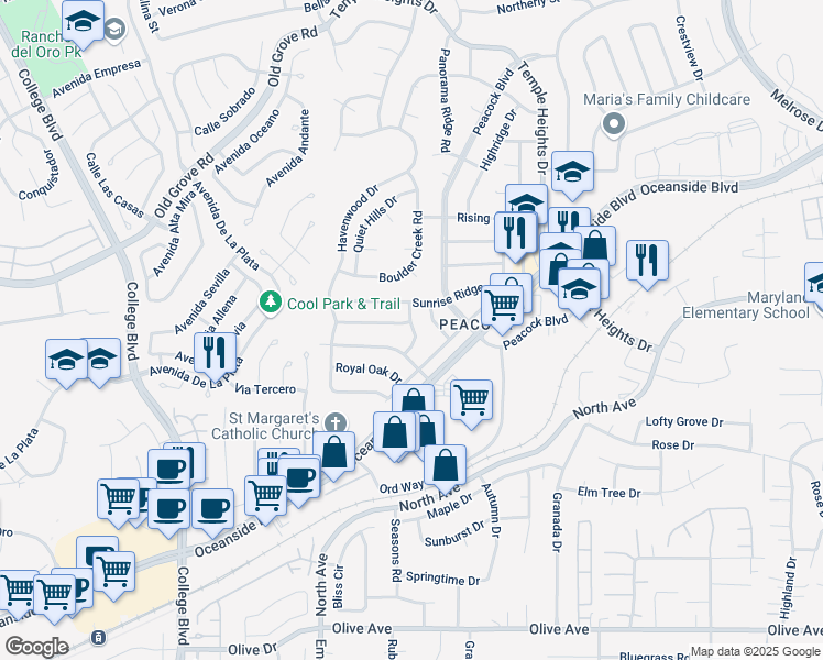 map of restaurants, bars, coffee shops, grocery stores, and more near 1762 Round Tree Drive in Oceanside