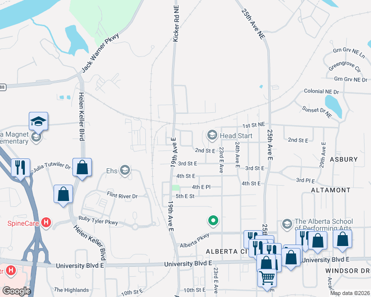 map of restaurants, bars, coffee shops, grocery stores, and more near 2007 2nd Street East in Tuscaloosa