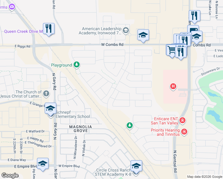map of restaurants, bars, coffee shops, grocery stores, and more near 36943 El Morro Trail in San Tan Valley