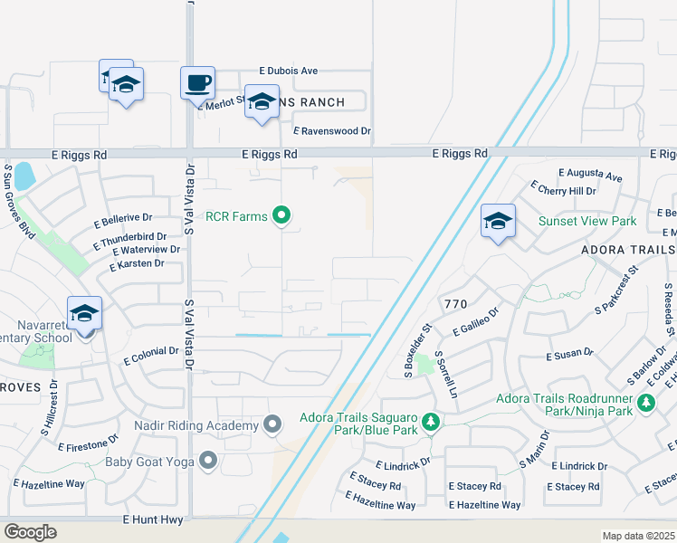 map of restaurants, bars, coffee shops, grocery stores, and more near 1928 East La Costa Drive in Gilbert